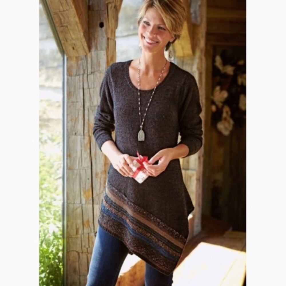 Soft Surrounding Wool Blend Tunic Sweater Asymmetrical Sz M Raku Chestnut Stripe